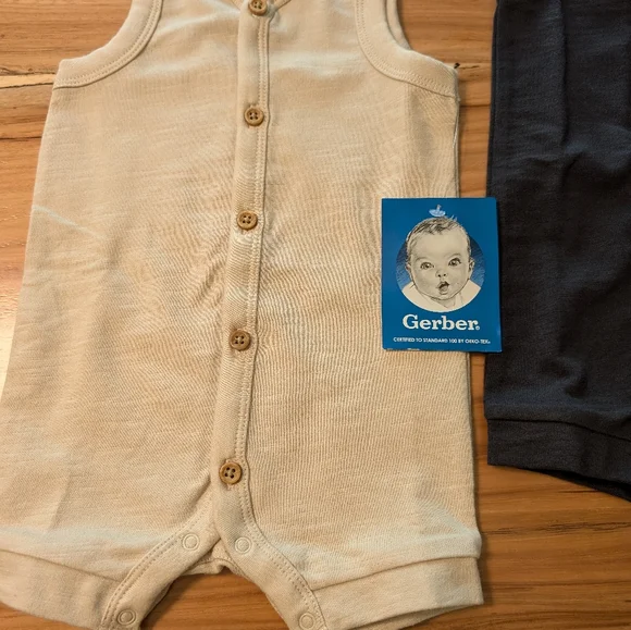 NWT 2-Pack Baby Boys Tan & Dark Gray Short Leg Sleeveless Romper - Picture 3 of 7